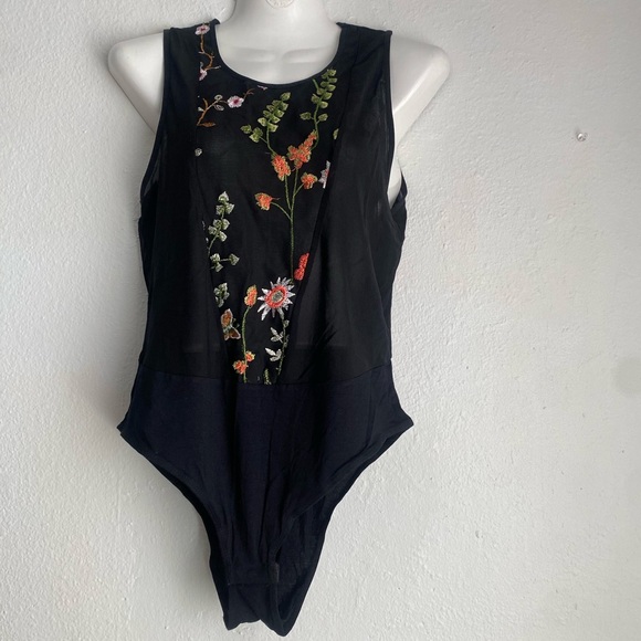 Derek Heart Tops - Black Floral Embroidered One-Piece